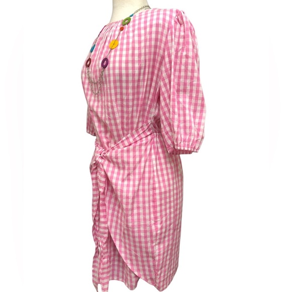 NWT Fashion- Pink Gingham Elbow Sleeves with Wrap  Waist Front/Side Tie Dress - Picture 4 of 10